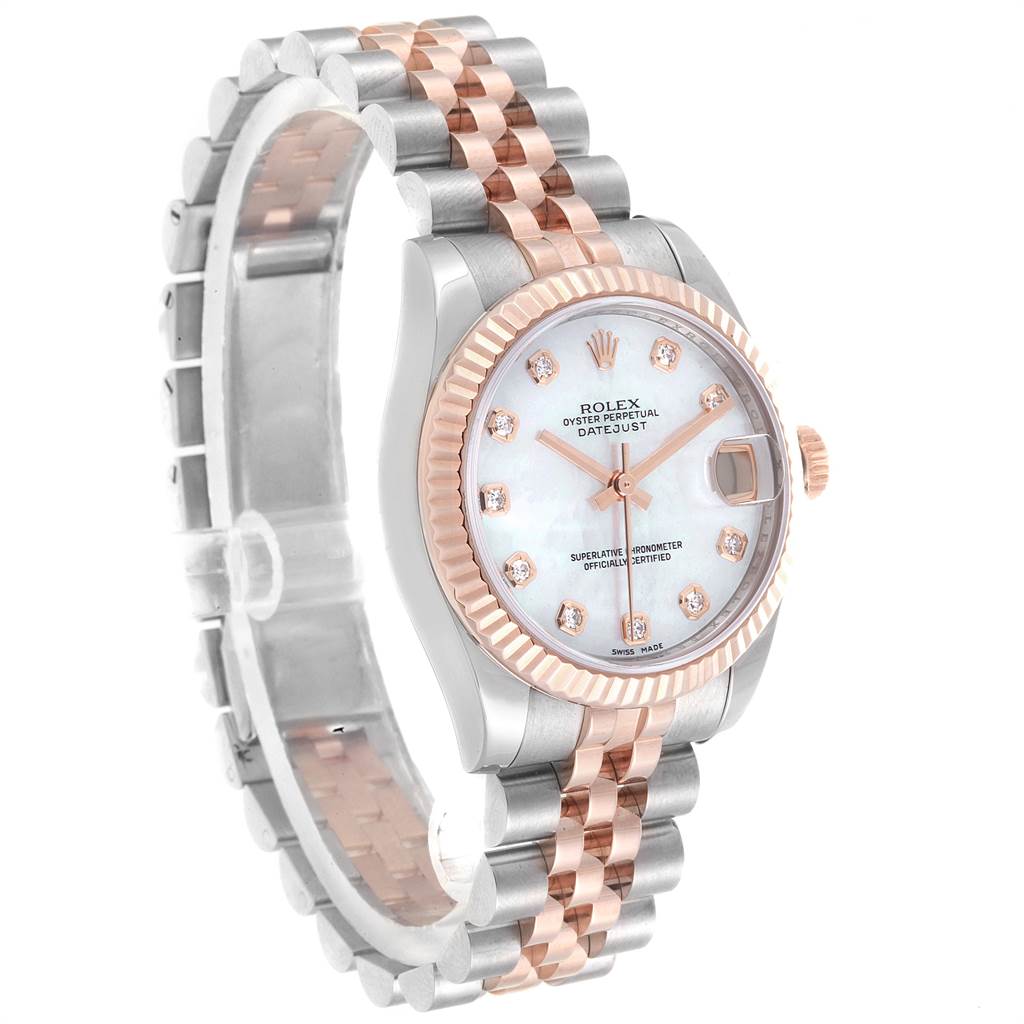The image shows a Rolex Mid-Size 178271 Women's Steel and Gold (two tone) Mother of Pearl Dial 178271 Women's Steel and Gold (two tone) Mother of Pearl Dial Datejust watch at a slight angle, highlighting the bracelet, dial, and fluted bezel.