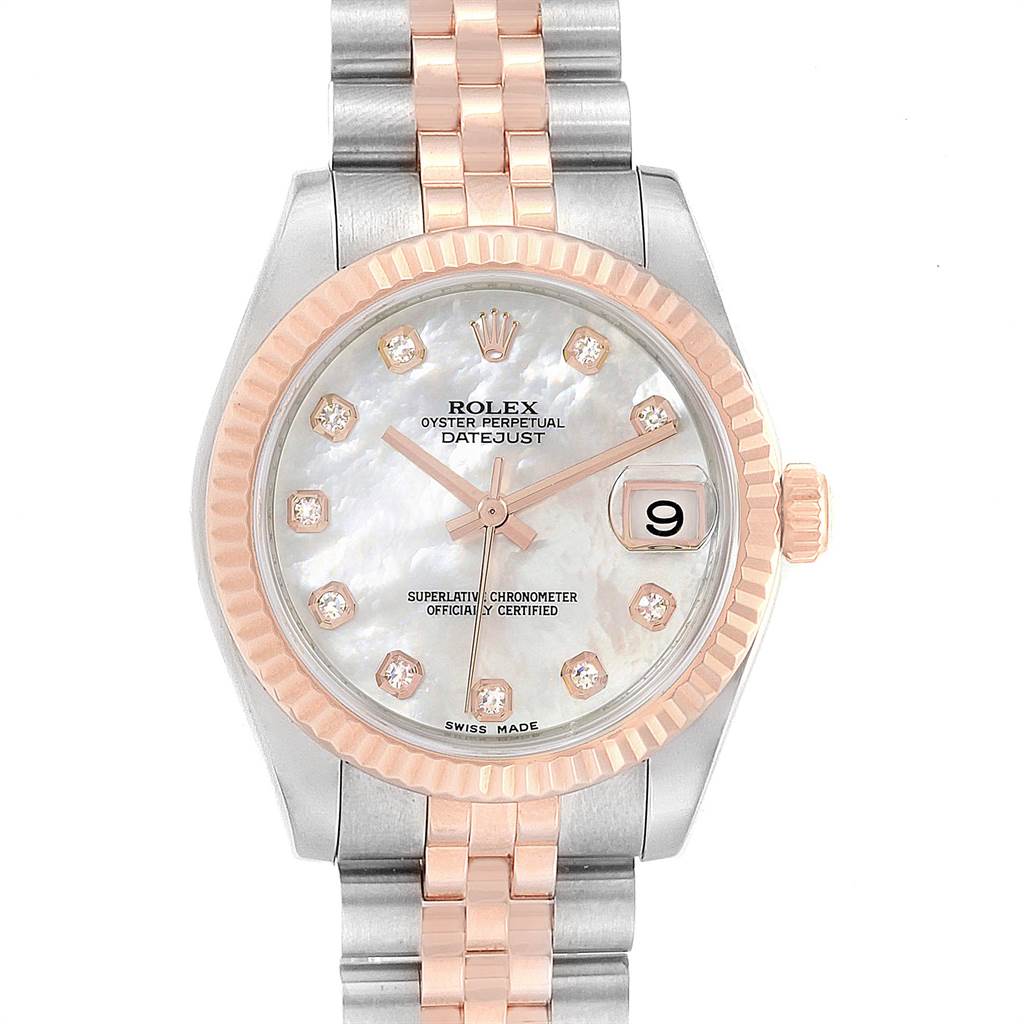 This image shows a front view of a Rolex Mid-Size 178271 Women's Steel and Gold (two tone) Mother of Pearl Dial 178271 Women's Steel and Gold (two tone) Mother of Pearl Dial Datejust watch, displaying its face, bezel, and bracelet.