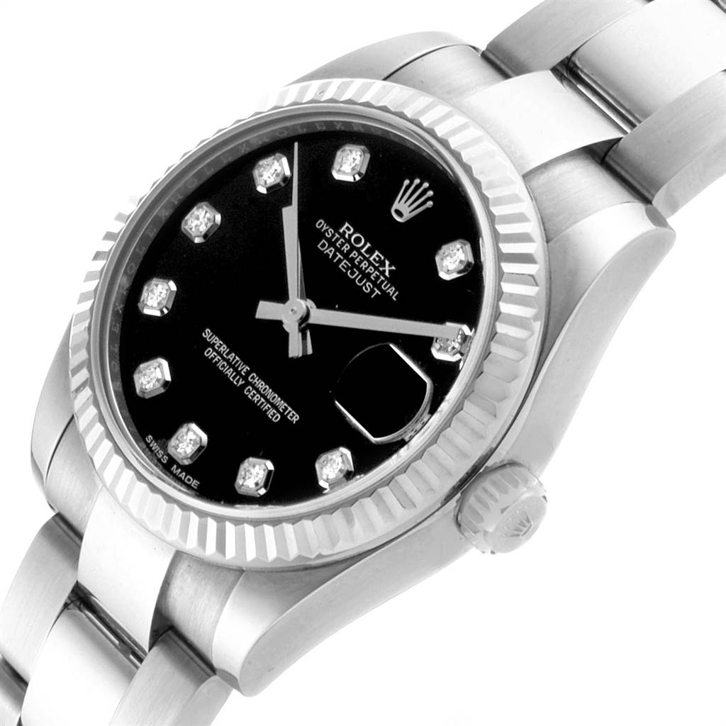 This image showcases the face, bezel, and part of the bracelet of a Rolex Mid-Size 178274 Women's Stainless Steel Black Dial 178274 Women's Stainless Steel Black Dial Datejust watch at a slight angle.