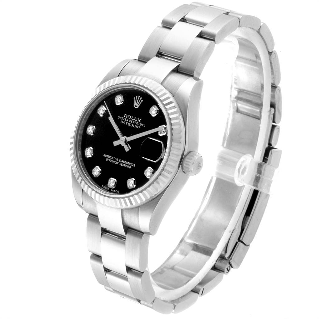 This image shows a Rolex Mid-Size 178274 Women's Stainless Steel Black Dial 178274 Women's Stainless Steel Black Dial Oyster Perpetual Datejust watch at a three-quarter angle, highlighting the dial, bezel, and bracelet.