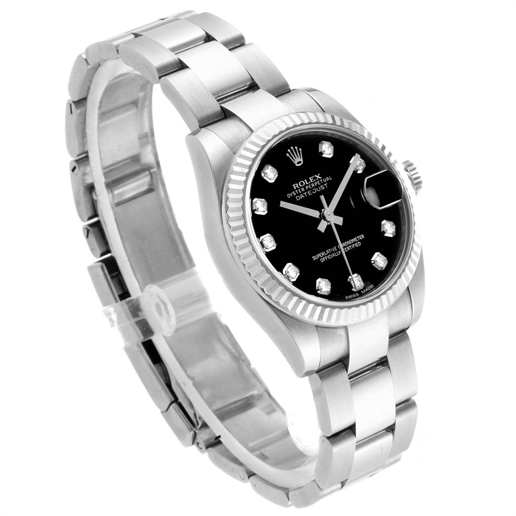 The Rolex Mid-Size 178274 Women's Stainless Steel Black Dial 178274 Women's Stainless Steel Black Dial watch is shown at an angle highlighting its face, bracelet, and crown.