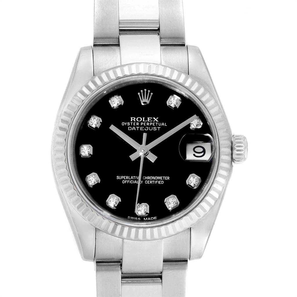 This image shows the front face and part of the bracelet of the Rolex Oyster Perpetual Datejust Mid-Size model.