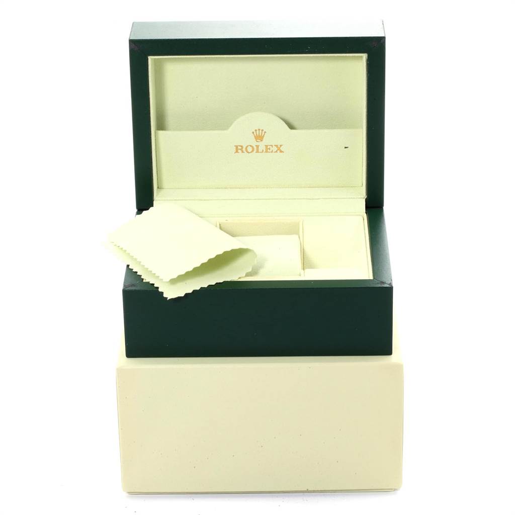 The image shows an open Rolex Mid-Size 178274 Women's Stainless Steel Black Dial 178274 Women's Stainless Steel Black Dial watch box with a cleaning cloth inside.