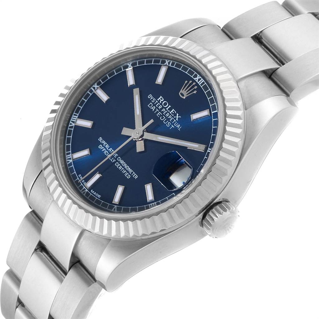 The image shows a close-up angled view of a Rolex Mid-Size 178274 Women's Stainless Steel Blue Dial 178274 Women's Stainless Steel Blue Dial Oyster Perpetual Datejust watch, highlighting the dial, bezel, and bracelet.