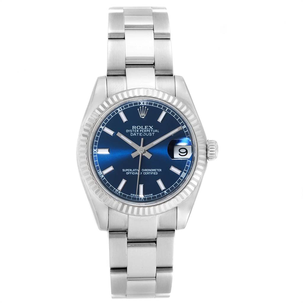 This image shows a front view of the Rolex Mid-Size 178274 Women's Stainless Steel Blue Dial 178274 Women's Stainless Steel Blue Dial Oyster Perpetual Datejust, featuring a blue dial and fluted bezel.