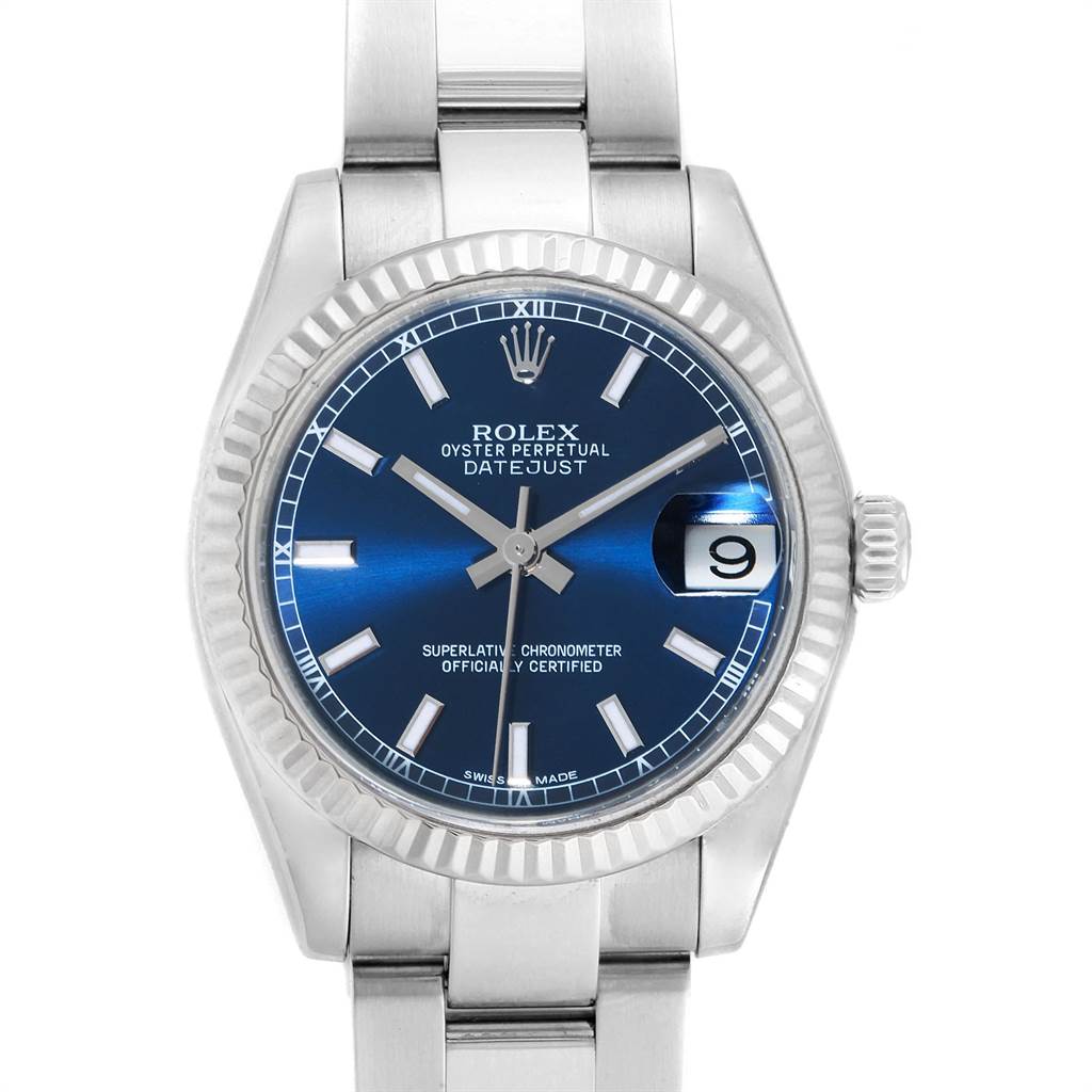 This is a front view of a Rolex Oyster Perpetual Datejust Mid-Size watch, displaying the dial, bezel, crown, and part of the bracelet.