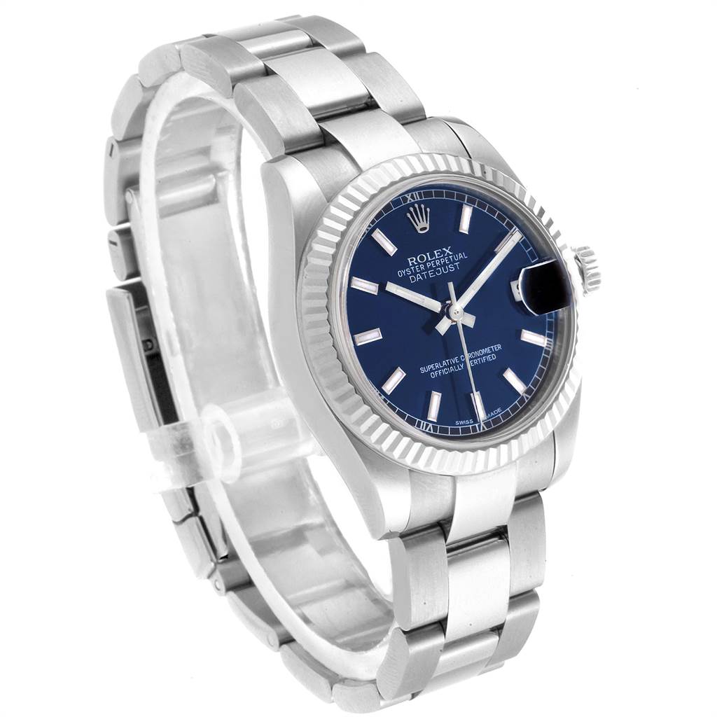 The Rolex Mid-Size 178274 Women's Stainless Steel Blue Dial 178274 Women's Stainless Steel Blue Dial watch is shown at a three-quarter angle, featuring a blue dial, fluted bezel, and stainless steel bracelet.