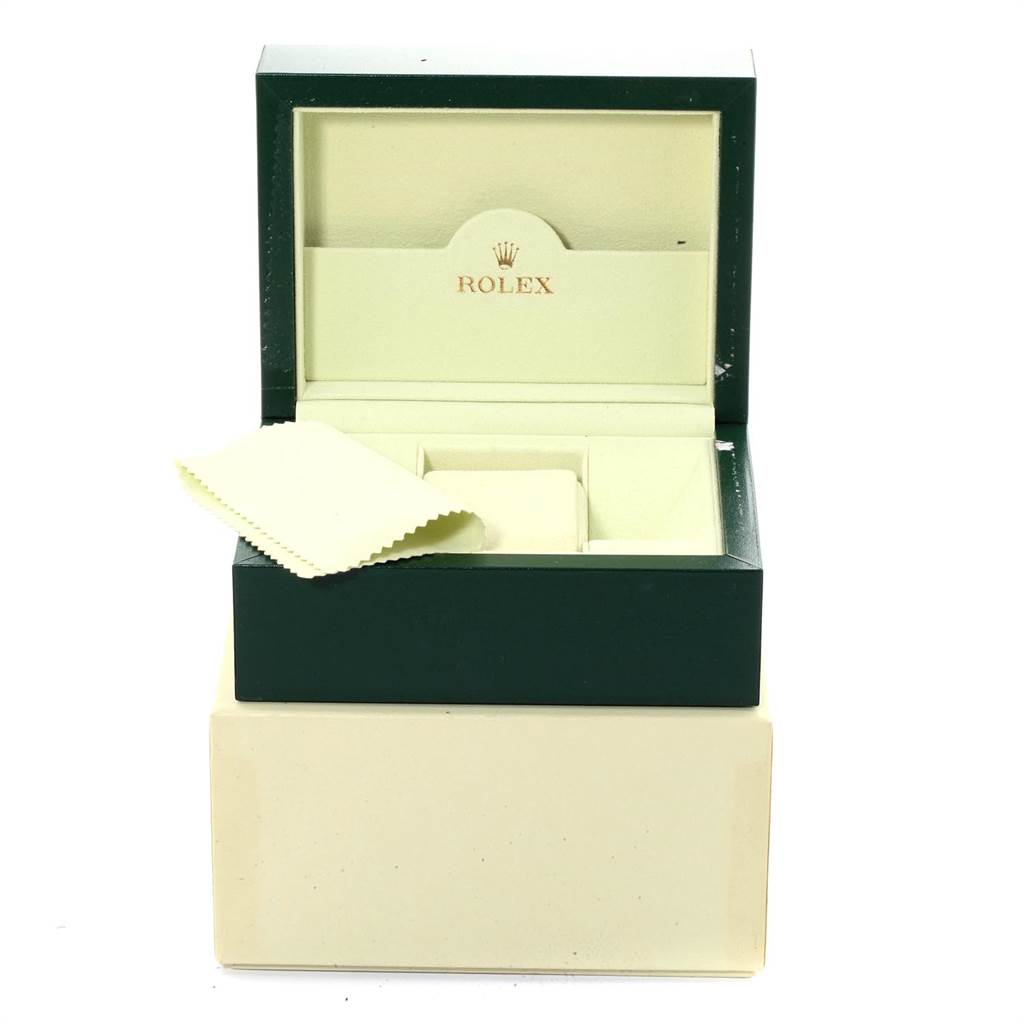 The image shows an open Rolex watch box for a Mid-Size model, including the box, a cushion, and a cleaning cloth.