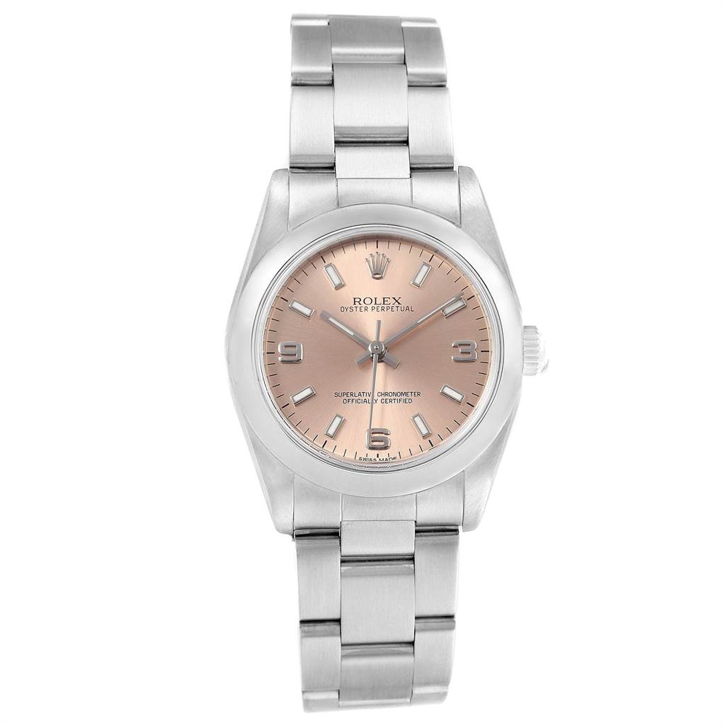 The image shows a Mid-Size Rolex Oyster Perpetual watch with a metal bracelet, pink dial, and silver hour markers.