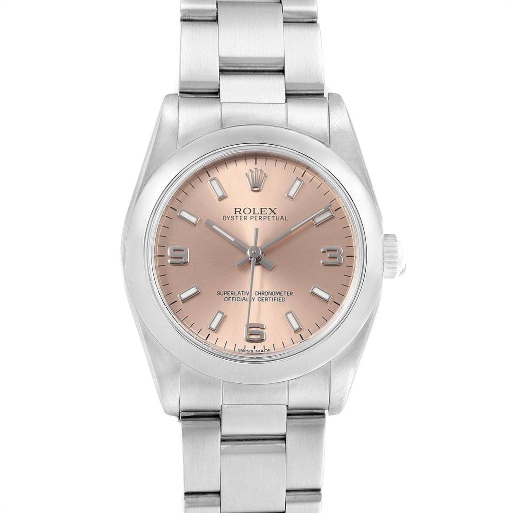 This image shows a frontal view of a Rolex Oyster Perpetual Mid-Size watch, featuring its dial, bezel, and bracelet.