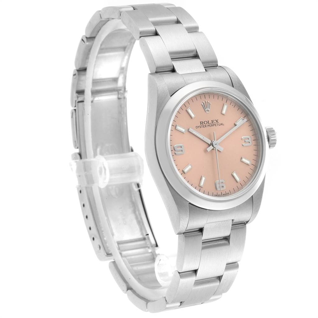 This image shows a side view of a Rolex Mid-Size 77080 Women's Stainless Steel Pink Dial 77080 Women's Stainless Steel Pink Dial Oyster Perpetual watch with a pink dial and metal bracelet.