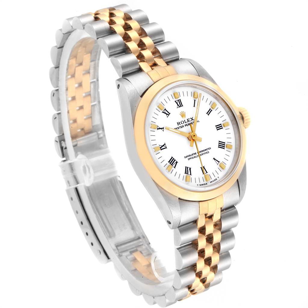 The Rolex Mid-Size 67513 Women's Steel and Gold (two tone) White Dial 67513 Women's Steel and Gold (two tone) White Dial model watch is shown at a three-quarter angle, displaying the dial, bezel, crown, and bi-metal bracelet.