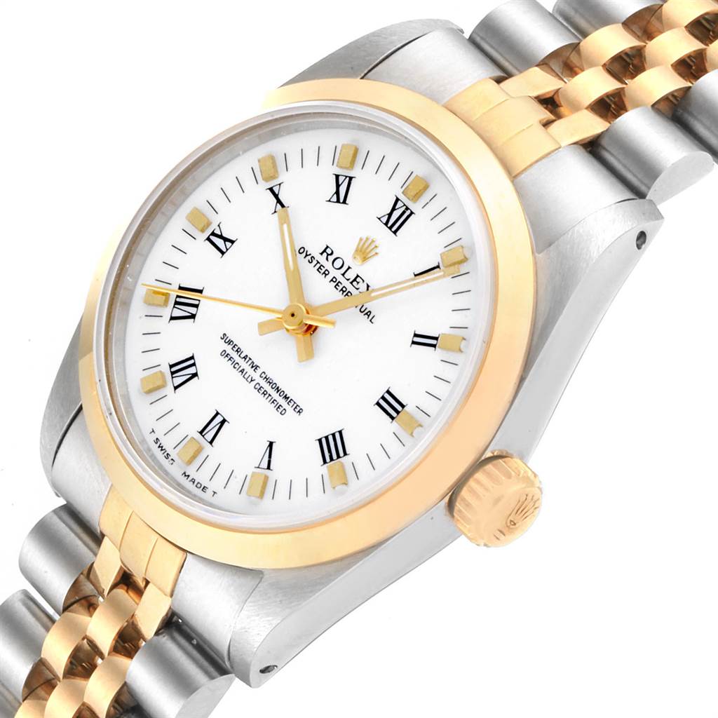 The image shows a close-up angled view of a Mid-Size Rolex Oyster Perpetual watch, highlighting its two-tone bracelet and white dial.