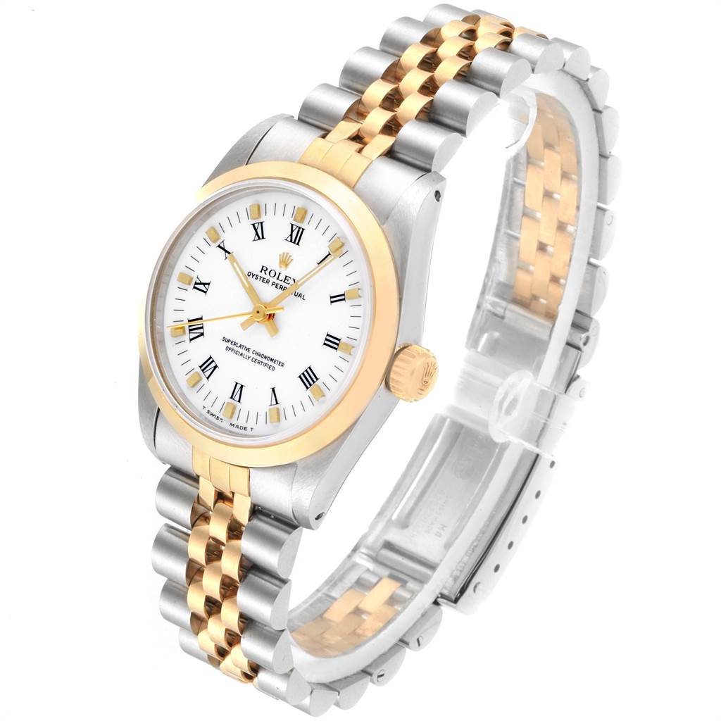 The Rolex Mid-Size 67513 Women's Steel and Gold (two tone) White Dial 67513 Women's Steel and Gold (two tone) White Dial model watch is shown at an overhead angle featuring the case, bezel, crown, dial, and two-tone bracelet.
