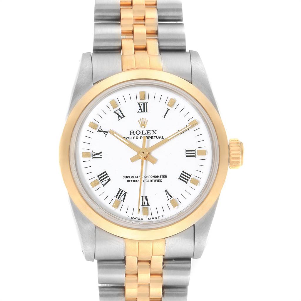 The image shows a front view of a Rolex Mid-Size 67513 Women's Steel and Gold (two tone) White Dial 67513 Women's Steel and Gold (two tone) White Dial Oyster Perpetual watch with a two-tone gold and silver bracelet and a white dial with Roman numerals.