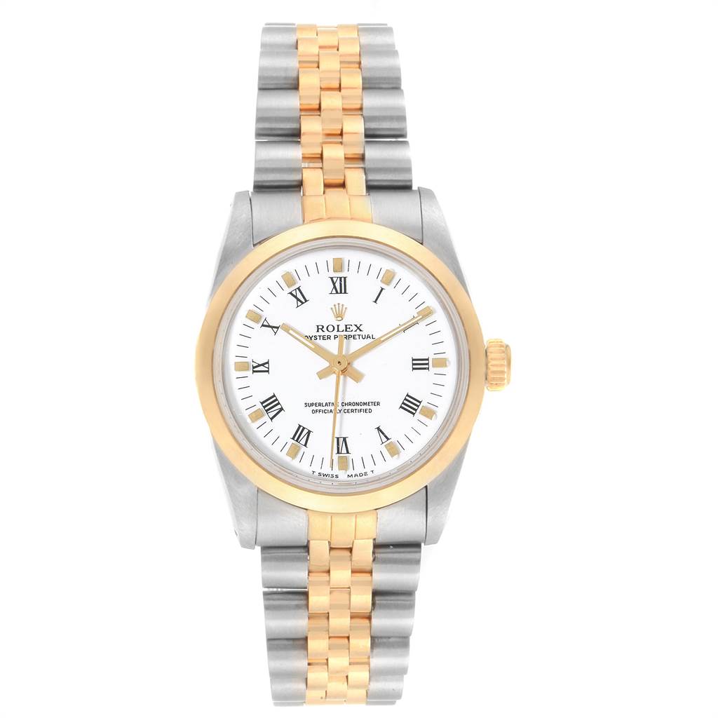 This image shows a front view of a Rolex Mid-Size 67513 Women's Steel and Gold (two tone) White Dial 67513 Women's Steel and Gold (two tone) White Dial watch with a two-tone bracelet and a white dial featuring Roman numerals.