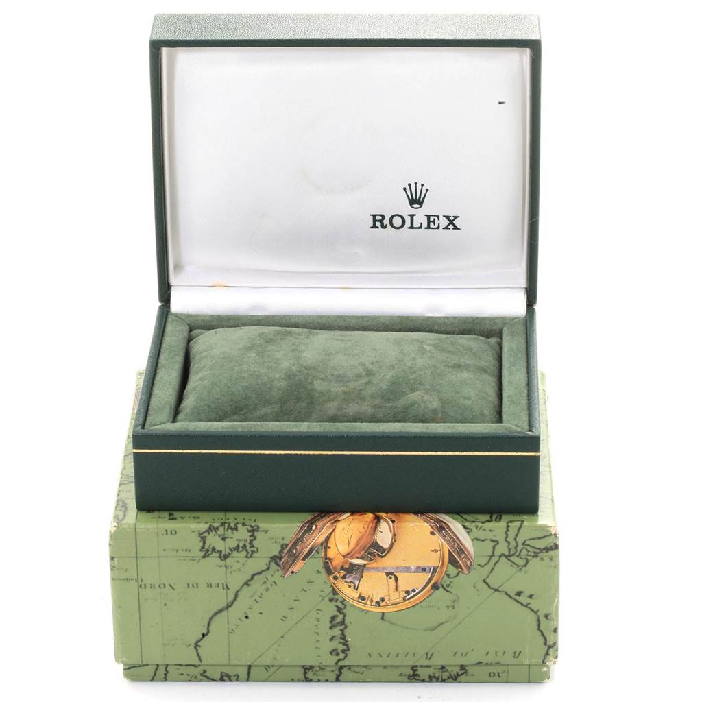 The image shows an open Rolex watch box for a Mid-Size model, with an empty green cushion inside.