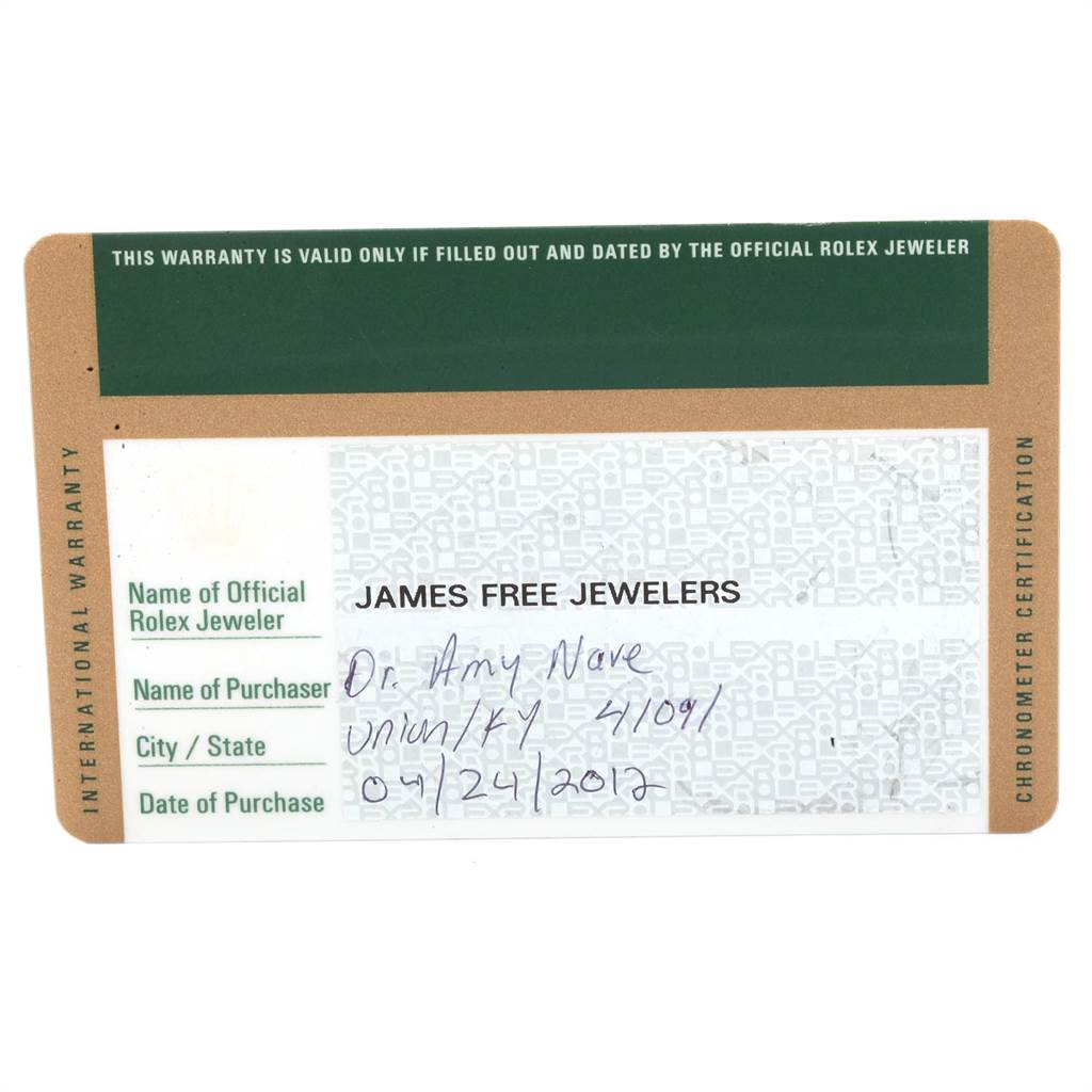 The image shows an international warranty card for a Mid-Size Rolex watch from James Free Jewelers.