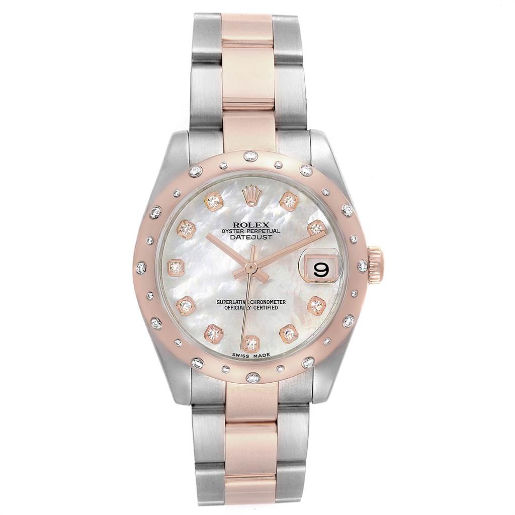 This image shows a front view of the Rolex Oyster Perpetual Datejust Mid-Size watch with a two-tone bracelet and diamond accents.