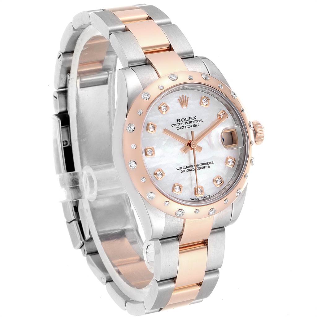 The image shows a Rolex Mid-Size 178341 Women's Steel and Gold (two tone) Mother of Pearl Dial 178341 Women's Steel and Gold (two tone) Mother of Pearl Dial Datejust watch at a three-quarter angle, highlighting its bezel, dial, case, and bracelet.