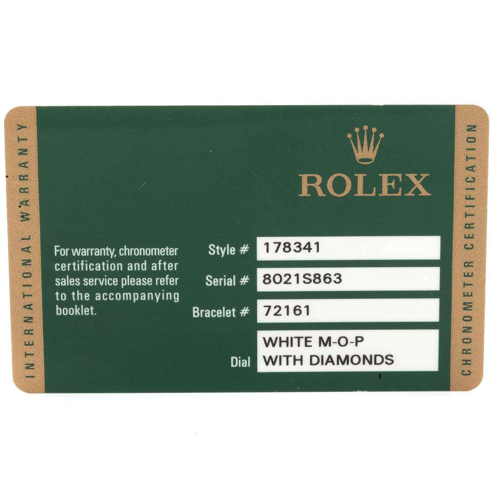 The image shows a Rolex warranty card for a Mid-Size model featuring details like style, serial, bracelet numbers, and dial description.
