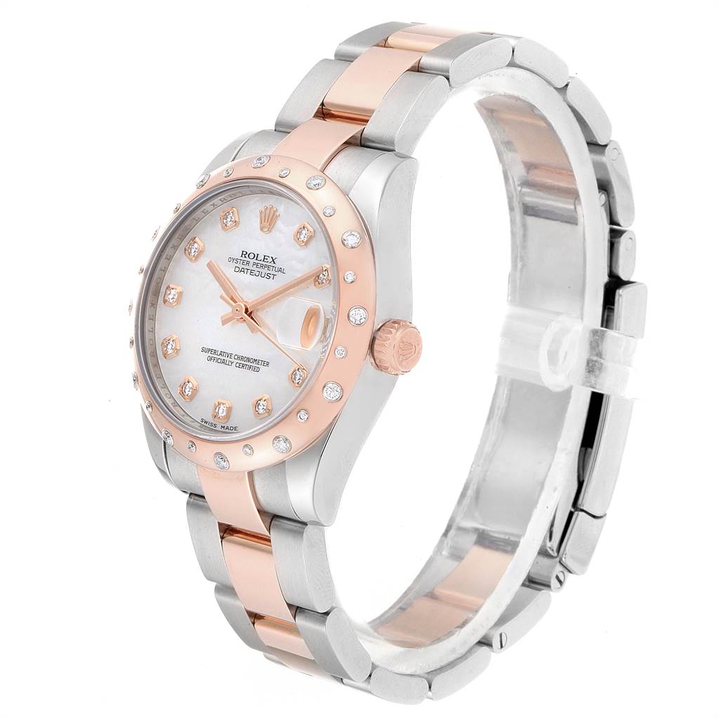 This Rolex Datejust Mid-Size model is shown at an angle highlighting the face, bezel, crown, and two-tone metal strap.