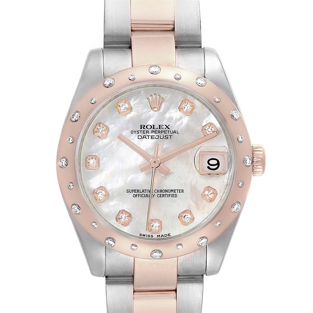 This image shows a front view of a Rolex Oyster Perpetual Datejust Mid-Size watch with a mix of stainless steel and rose gold.