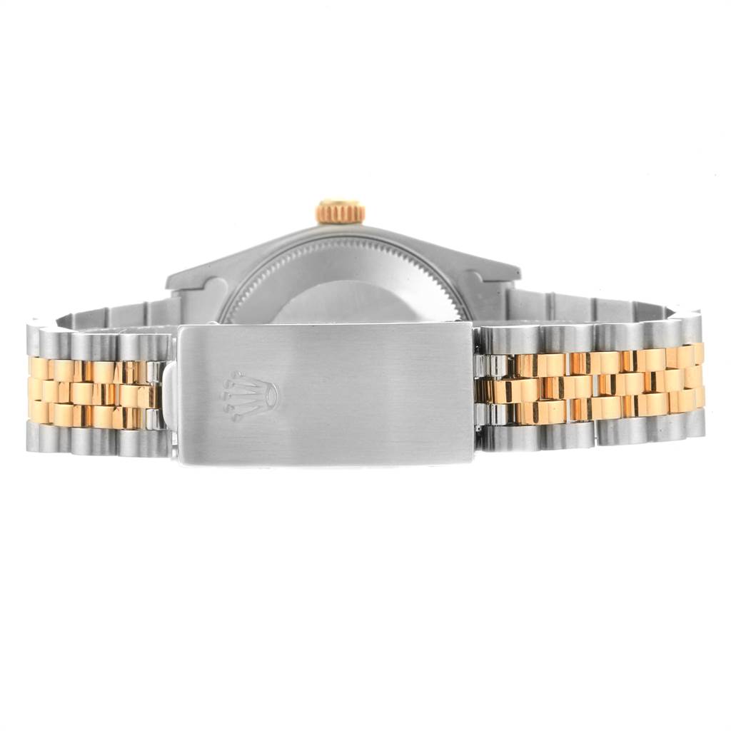 The image shows the back and clasp of a Mid-Size Rolex watch, highlighting its two-tone bracelet.