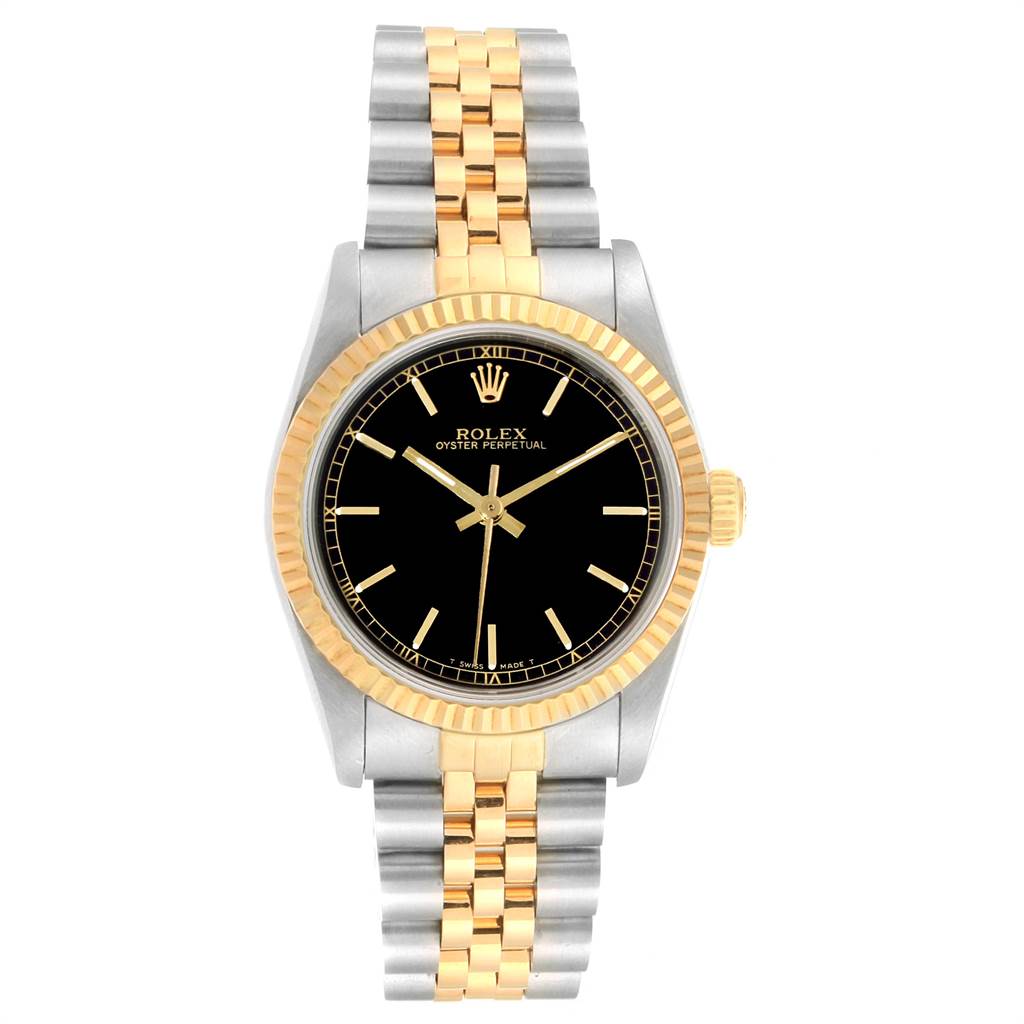 The image depicts a front view of a Rolex Mid-Size 67513 Women's Steel and Gold (two tone) Black Dial 67513 Women's Steel and Gold (two tone) Black Dial Oyster Perpetual watch with a two-tone bracelet and a black dial.