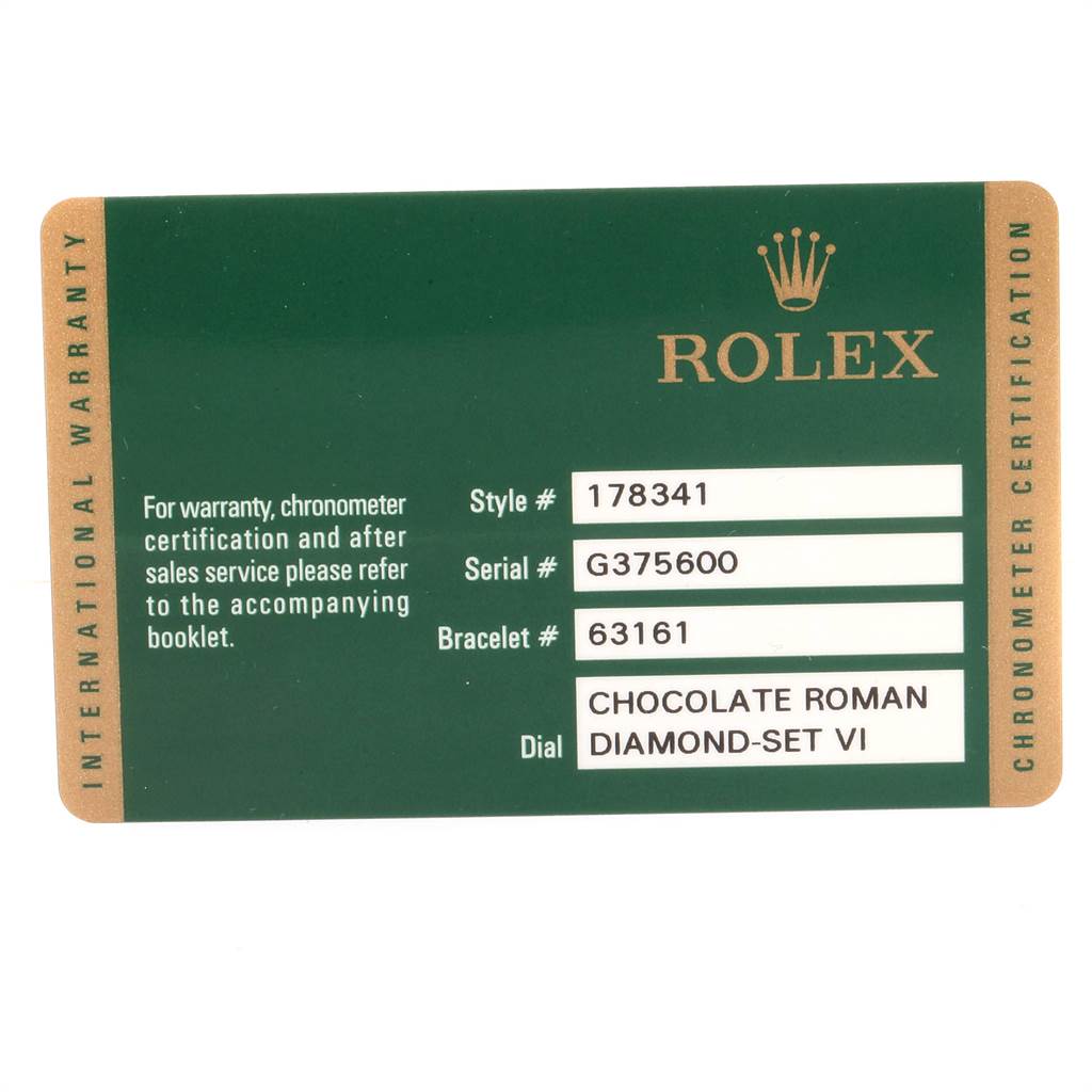 The image shows the warranty certificate card for a Rolex Mid-Size 178341 Women's Steel and Gold (two tone) Brown Dial 178341 Women's Steel and Gold (two tone) Brown Dial model with style #178341 and serial #G375600.