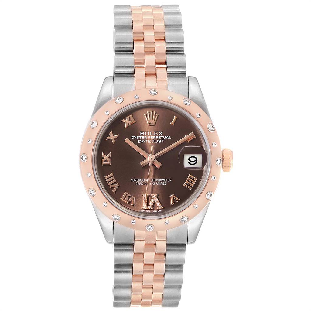 The image shows a front view of a Rolex Mid-Size 178341 Women's Steel and Gold (two tone) Brown Dial 178341 Women's Steel and Gold (two tone) Brown Dial Oyster Perpetual Datejust watch, highlighting its dial, bezel, and bracelet.