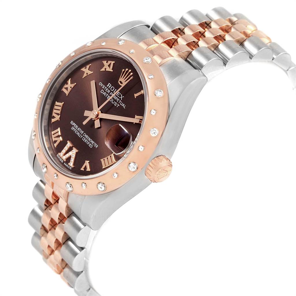 The image shows a Rolex Mid-Size 178341 Women's Steel and Gold (two tone) Brown Dial 178341 Women's Steel and Gold (two tone) Brown Dial watch at a three-quarter angle, displaying its rose gold and silver band, bezel, and crown.