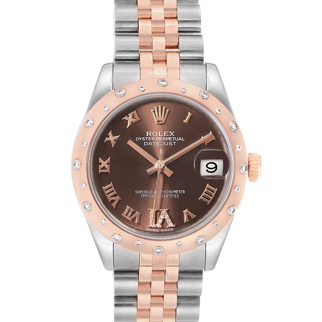 This Rolex Oyster Perpetual Datejust Mid-Size model is shown from a front angle, displaying the face, bezel, and bracelet.