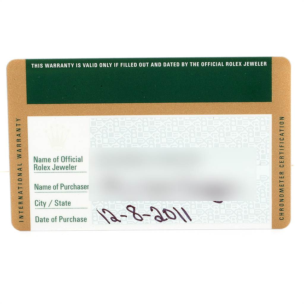 The image shows the warranty card for the Mid-Size Rolex watch, including spaces for jeweler and purchaser details.