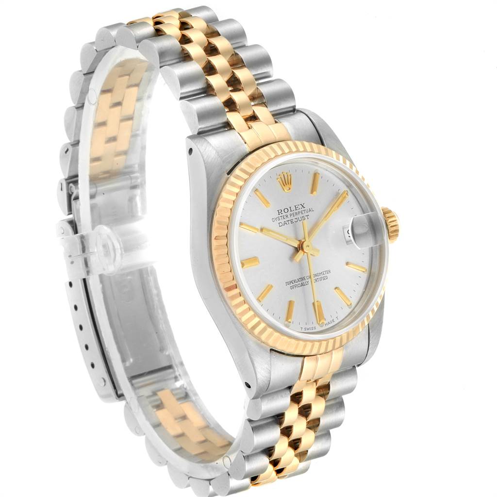 The image shows a Rolex Oyster Perpetual Datejust Mid-Size watch from an angled side view, highlighting the gold/silver two-tone bracelet and crown.