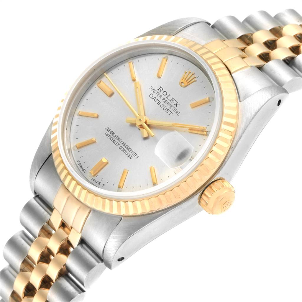 The image shows a close-up view of the Rolex Datejust Mid-Size watch, highlighting its face, bezel, crown, and part of the bracelet.