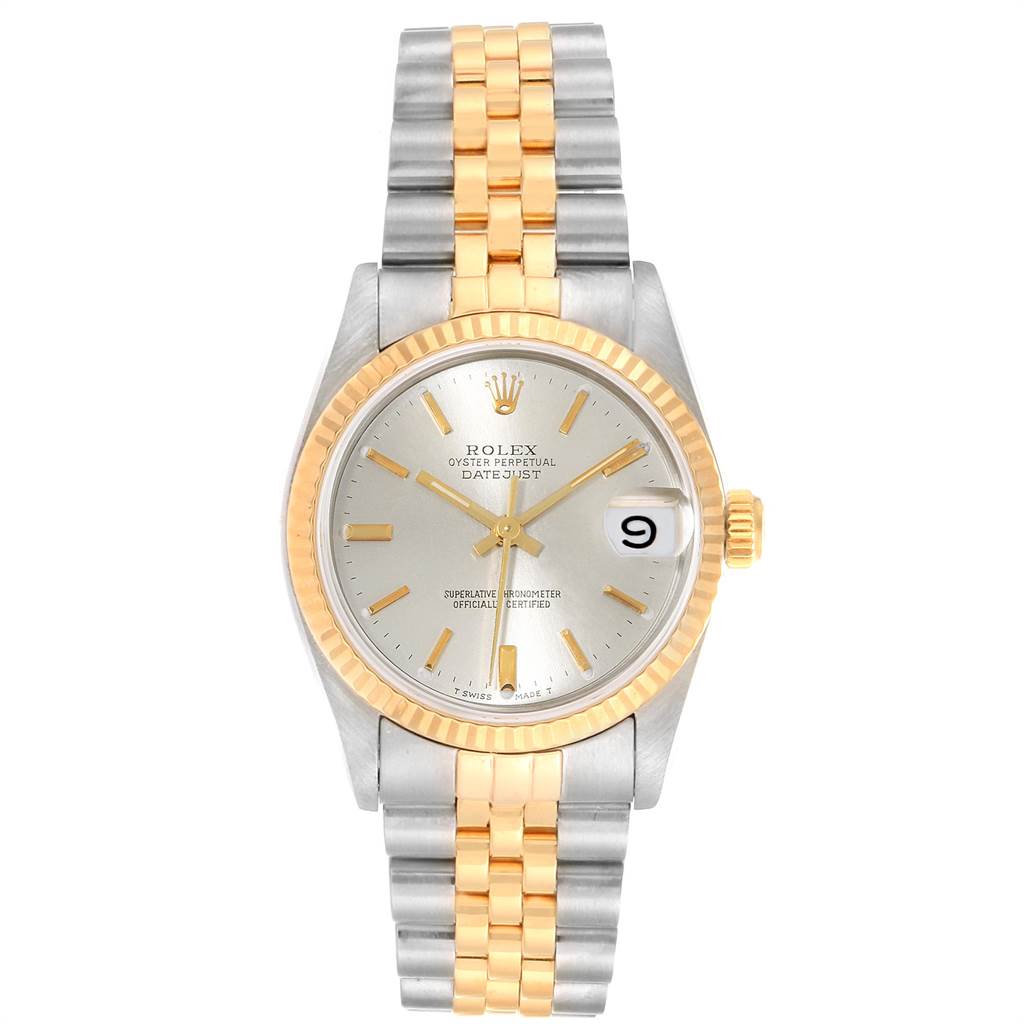 The image shows a front view of a Rolex Oyster Perpetual Datejust Mid-Size watch, highlighting the dial, bezel, and bracelet.