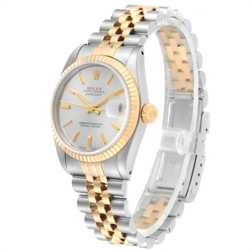 This image shows a side-front angle of a Mid-Size Rolex Datejust watch with a two-tone bracelet and fluted bezel.