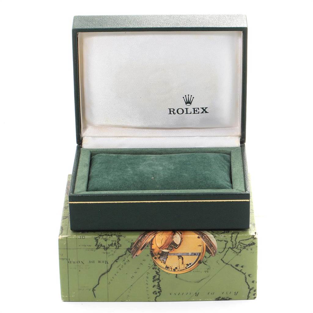 The image shows an open green Rolex watch box for a Mid-Size model, showcasing the velvet interior and the exterior packaging.