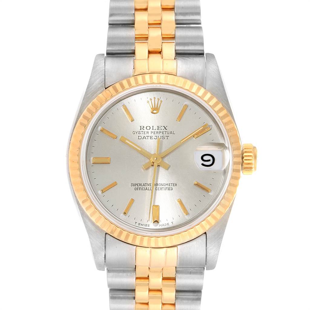 The image shows a Rolex Mid-Size 68273 Women's Steel and Gold (two tone) Silver Dial 68273 Women's Steel and Gold (two tone) Silver Dial watch with a Datejust model, featuring a fluted bezel, silver dial, and two-tone bracelet.