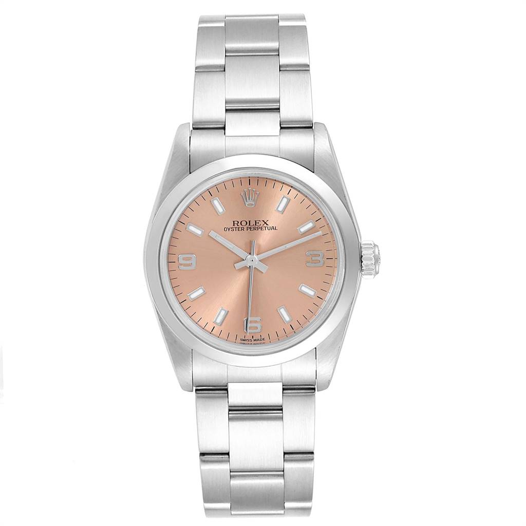 This image shows a front view of the Mid-Size Rolex watch, displaying the dial, case, and bracelet.