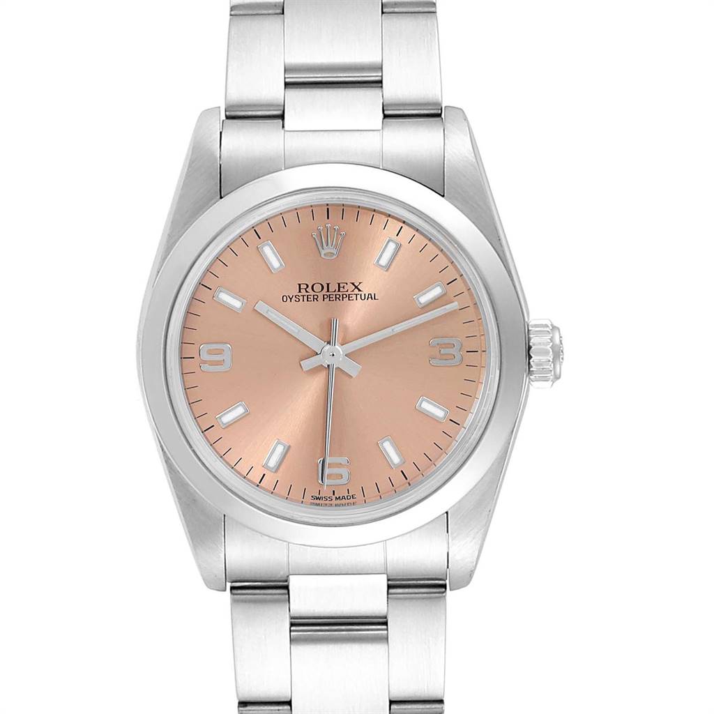 This Rolex Mid-Size 77080 Women's Stainless Steel Pink Dial 77080 Women's Stainless Steel Pink Dial Oyster Perpetual watch is shown from a top-down angle, displaying its face, bezel, and metal bracelet.