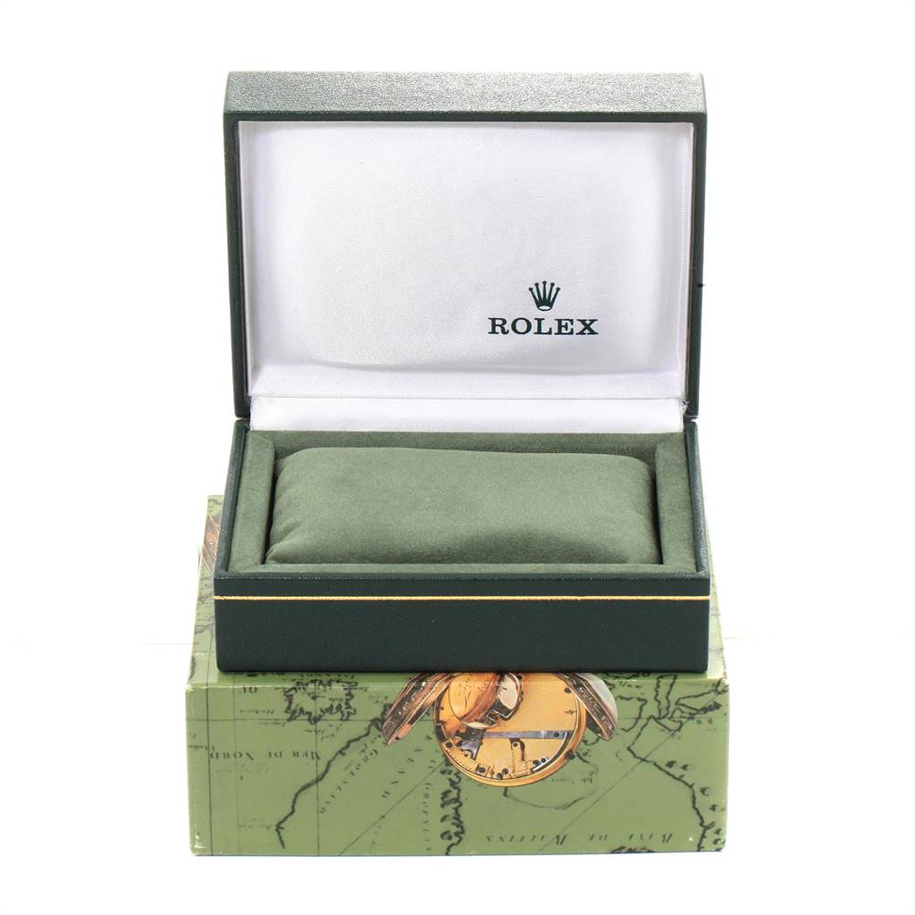 The image shows an open green Rolex Mid-Size 77080 Women's Stainless Steel Pink Dial 77080 Women's Stainless Steel Pink Dial watch box with cushion support, seen from the front.