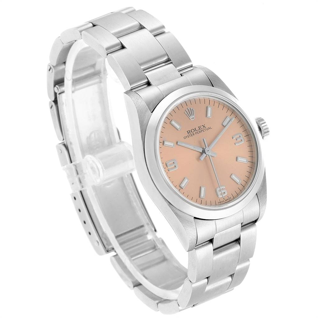 The Rolex Mid-Size 77080 Women's Stainless Steel Pink Dial 77080 Women's Stainless Steel Pink Dial watch is shown at a front-side angle, featuring the dial, case, bracelet, and crown.