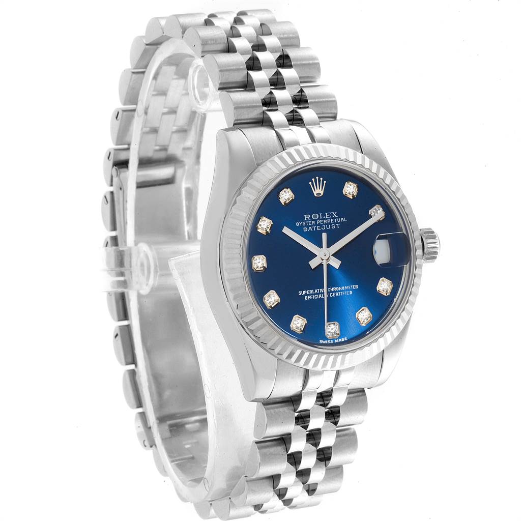 The Rolex Mid-Size 178274 Women's Stainless Steel Blue Dial 178274 Women's Stainless Steel Blue Dial Datejust watch is shown at an angle displaying the face, bezel, crown, and part of the bracelet.