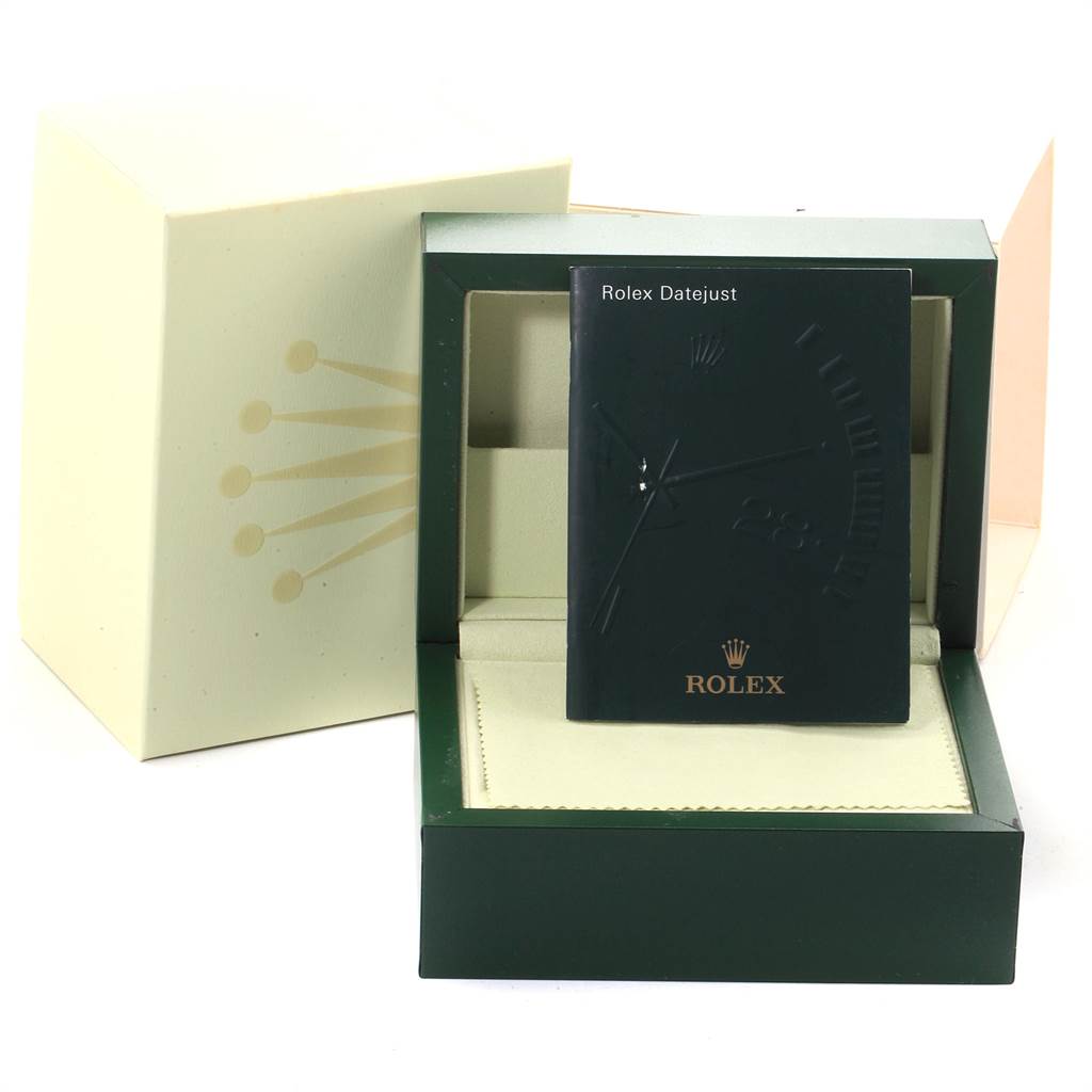 The image shows the packaging for a Rolex Datejust Mid-Size watch at an angle, including the outer box and instruction booklet.