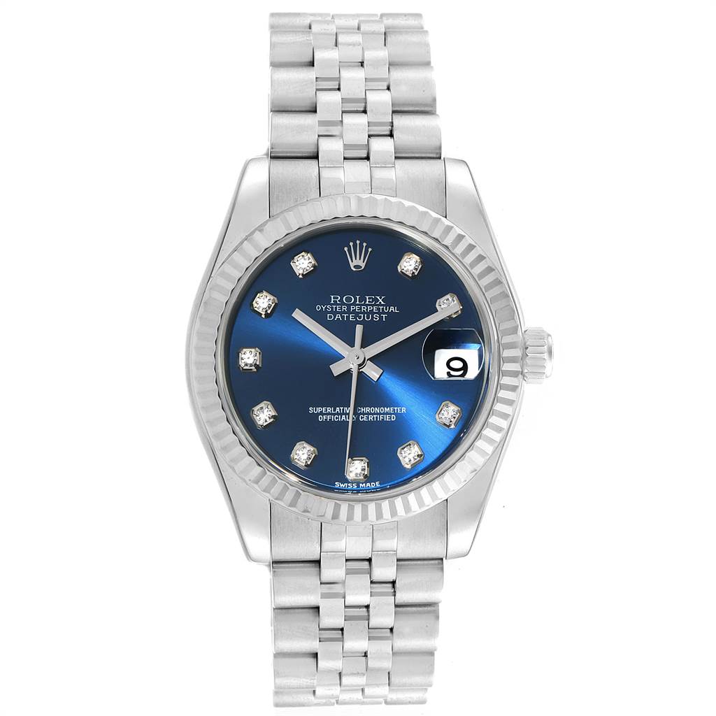 The image shows the full front view of a Rolex Mid-Size 178274 Women's Stainless Steel Blue Dial 178274 Women's Stainless Steel Blue Dial Datejust watch with a blue dial and stainless steel bracelet.