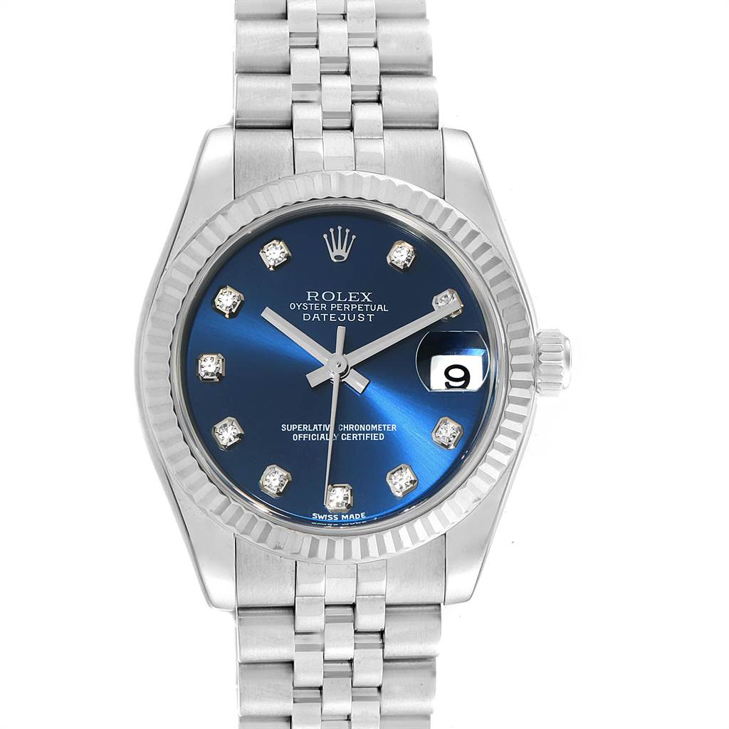 This image shows a front view of a Rolex Datejust Mid-Size watch, highlighting its blue dial, date window, and stainless steel jubilee bracelet.