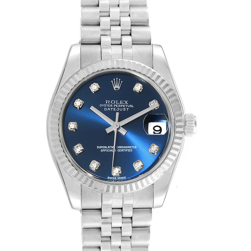 Rolex Datejust Midsize Steel White Gold Blue Diamond Dial Watch 178274 SwissWatchExpo