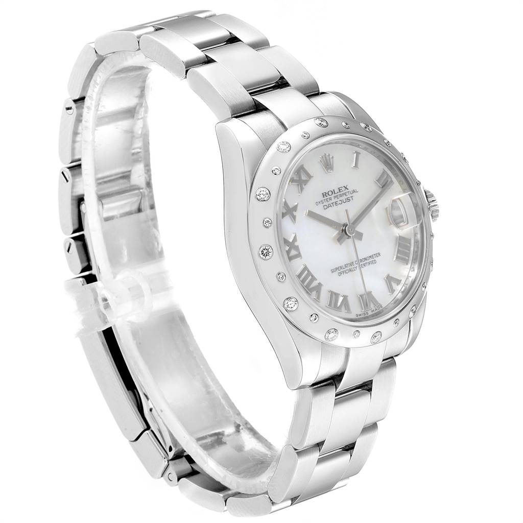 This image shows a side angle of a Rolex Mid-Size 178344 Women's Stainless Steel Mother of Pearl Dial 178344 Women's Stainless Steel Mother of Pearl Dial Oyster Perpetual Datejust watch, highlighting the bracelet, bezel, and face.